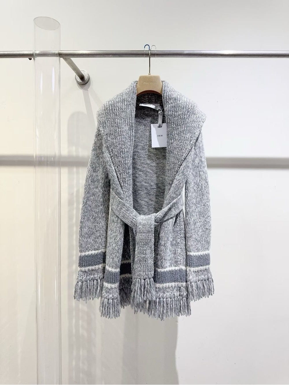 🚩steal Dior Light Gray Open-Front Knit Fringe Belted Cardigan